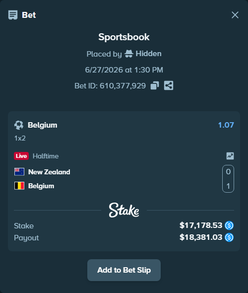 Bet slip: New Zealand - Belgium, $17,178.53 stake at 1.07 odds, placed by Hidden