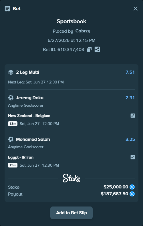Bet slip: New Zealand - Belgium, $25,000.00 stake at 2.31 odds, placed by Cabrzy