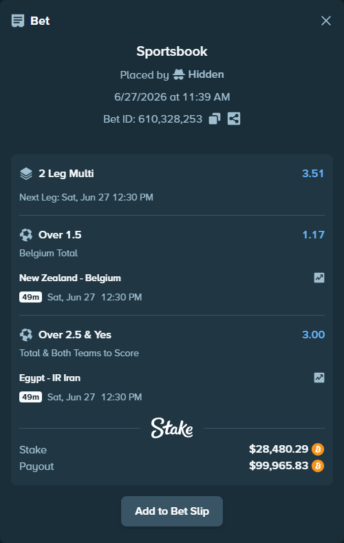 Bet slip: New Zealand - Belgium, $29,373.85 stake at 1.17 odds, placed by Hidden