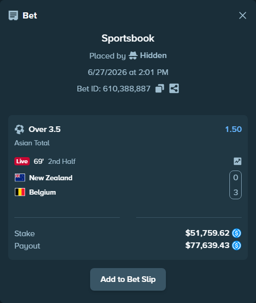 Bet slip: New Zealand - Belgium, $51,759.62 stake at 1.50 odds, placed by marselets