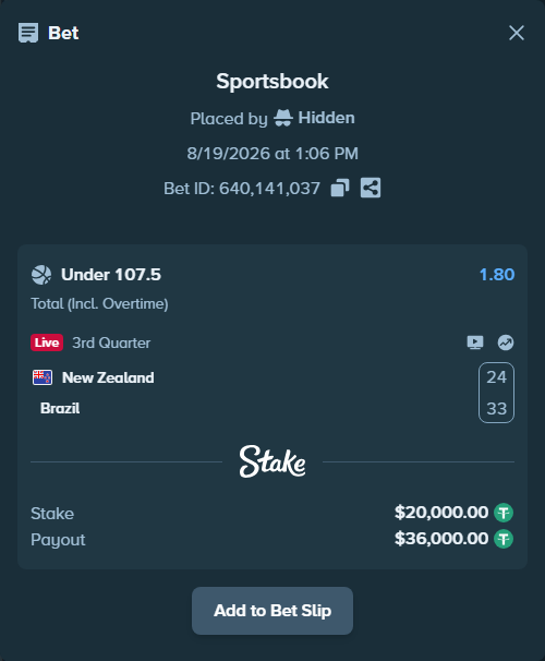 Bet slip: New Zealand - Brazil, $20,020.00 stake at 1.80 odds, placed by Hidden