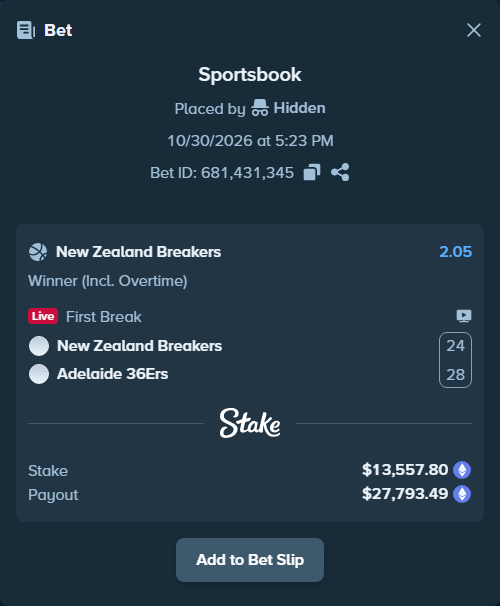 Bet slip: New Zealand Breakers - Adelaide 36ers, $13,381.80 stake at 2.05 odds, placed by Hidden