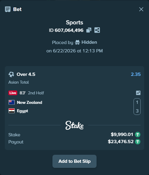 Bet slip: New Zealand - Egypt, $10,000.00 stake at 2.35 odds, placed by Hidden