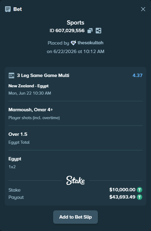 Bet slip: New Zealand - Egypt, $10,010.00 stake at 2.17 odds, placed by thesakultah