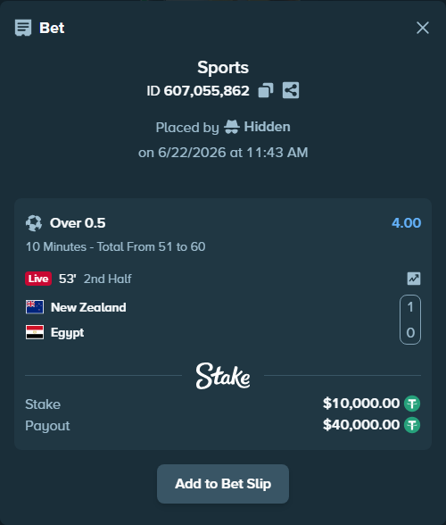 Bet slip: New Zealand - Egypt, $10,010.00 stake at 4.00 odds, placed by Hidden
