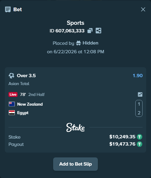 Bet slip: New Zealand - Egypt, $10,259.60 stake at 1.90 odds, placed by Hidden