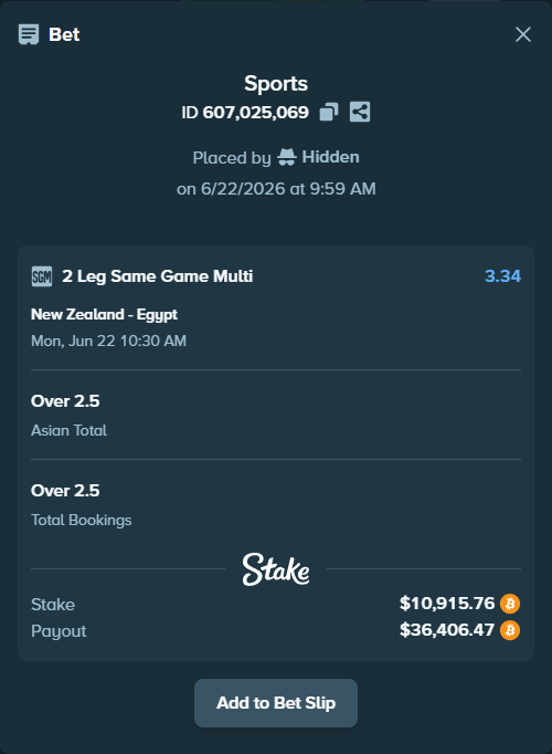 Bet slip: New Zealand - Egypt, $10,218.99 stake at 1.93 odds, placed by Hidden