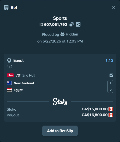 Bet slip: New Zealand - Egypt, $11,100.00 stake at 1.12 odds, placed by Hidden