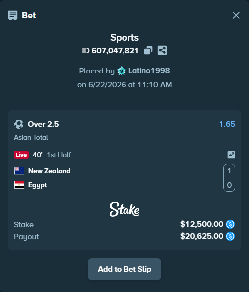 Bet slip: New Zealand - Egypt, $12,500.00 stake at 1.65 odds, placed by Latino1998