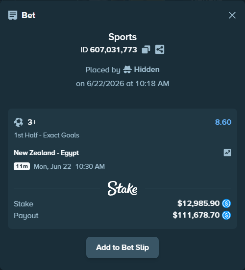 Bet slip: New Zealand - Egypt, $12,985.90 stake at 8.60 odds, placed by Hidden