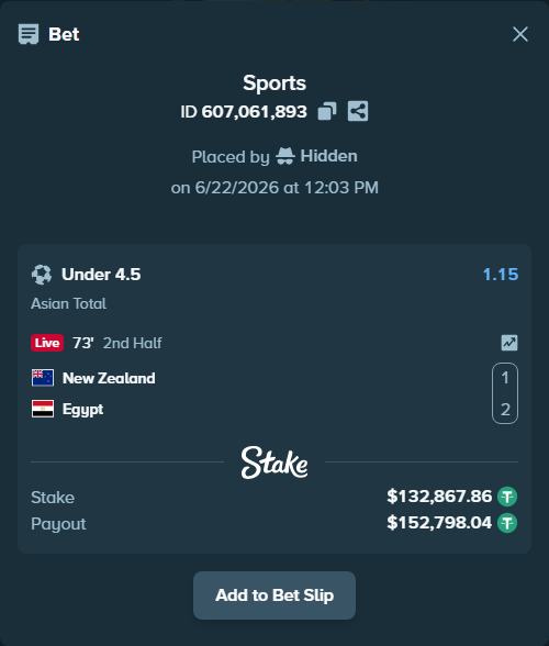 Bet slip: New Zealand - Egypt, $133,000.73 stake at 1.15 odds, placed by Hidden