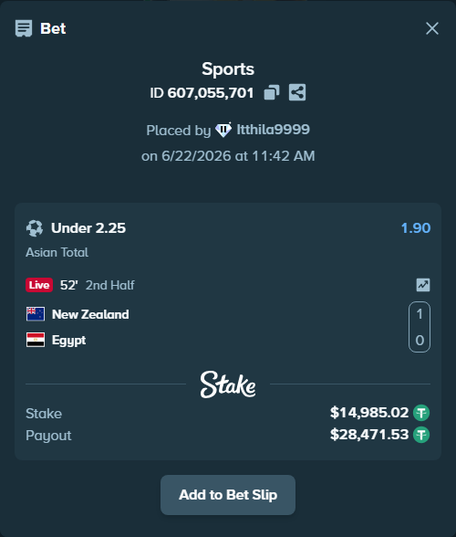 Bet slip: New Zealand - Egypt, $15,000.00 stake at 1.90 odds, placed by Itthila9999