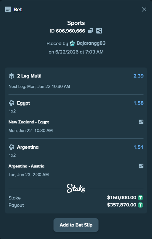 Bet slip: New Zealand - Egypt, $150,150.00 stake at 1.58 odds, placed by Bajarangg83