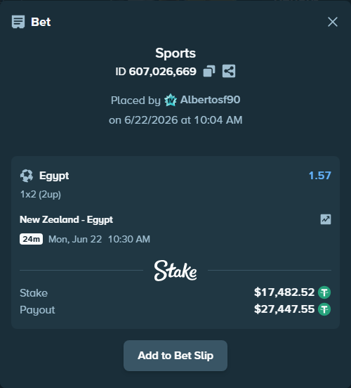 Bet slip: New Zealand - Egypt, $17,500.00 stake at 1.57 odds, placed by Albertosf90
