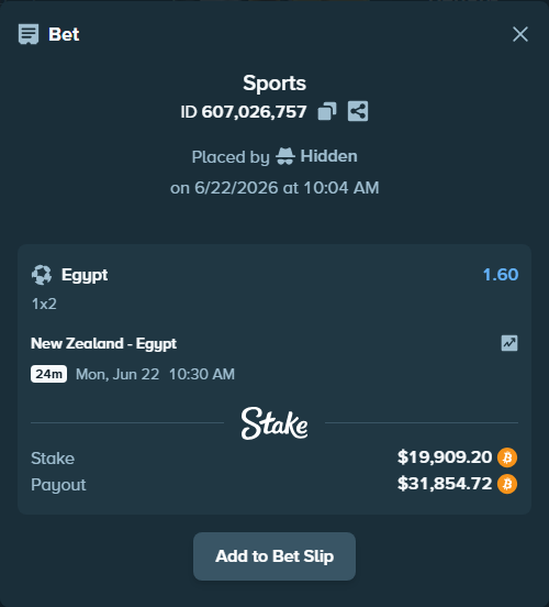 Bet slip: New Zealand - Egypt, $18,638.36 stake at 1.60 odds, placed by Hidden