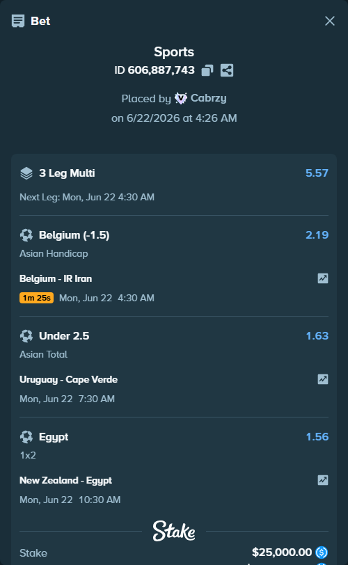 Bet slip: New Zealand - Egypt, $25,000.00 stake at 1.56 odds, placed by Cabrzy