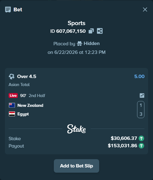 Bet slip: New Zealand - Egypt, $30,636.98 stake at 5.00 odds, placed by Hidden