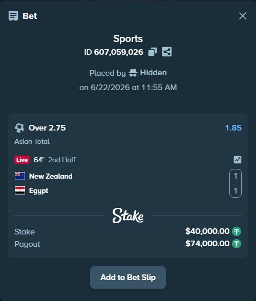 Bet slip: New Zealand - Egypt, $40,040.00 stake at 1.85 odds, placed by Hidden