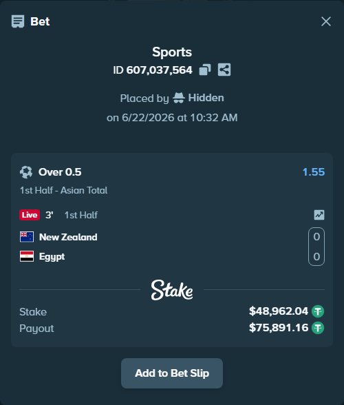 Bet slip: New Zealand - Egypt, $49,011.00 stake at 1.55 odds, placed by Hidden