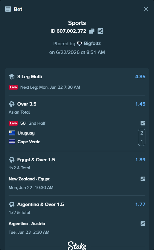 Bet slip: New Zealand - Egypt, $51,051.00 stake at 1.89 odds, placed by Bigfoltz