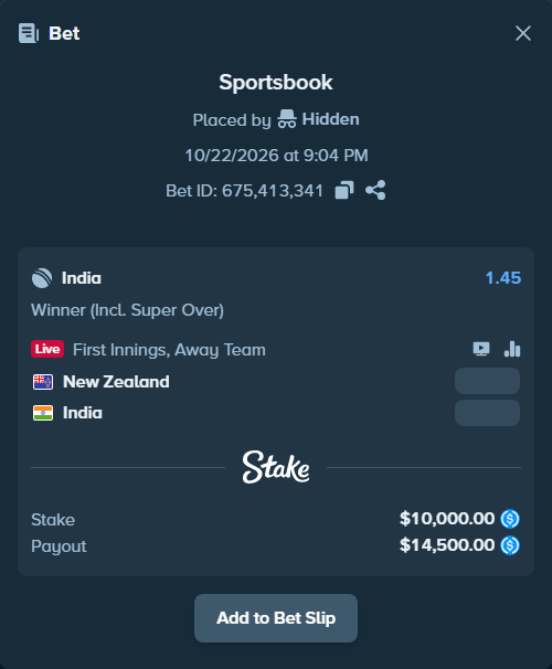 Bet slip: New Zealand - India, $10,000.00 stake at 1.45 odds, placed by Hidden