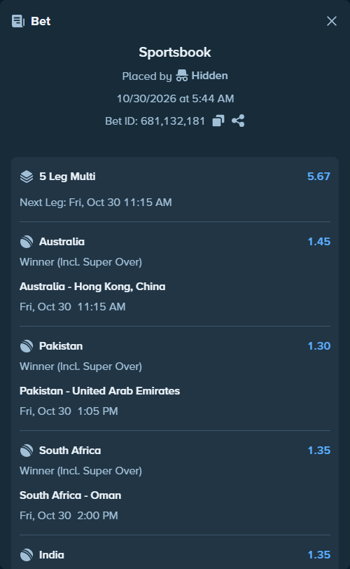 Bet slip: New Zealand - India, $10,000.00 stake at 1.65 odds, placed by Hidden