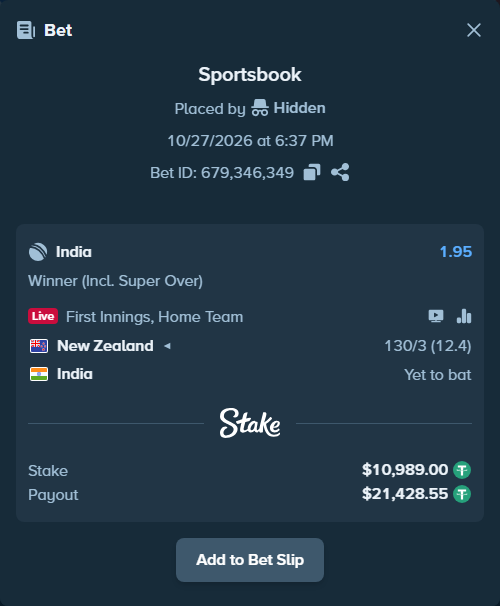 Bet slip: New Zealand - India, $10,999.99 stake at 1.95 odds, placed by Hidden