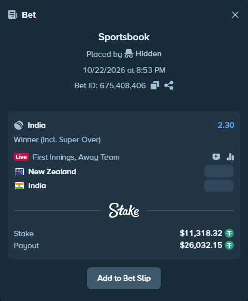 Bet slip: New Zealand - India, $11,329.64 stake at 2.30 odds, placed by Hidden