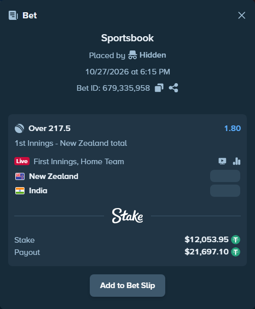 Bet slip: New Zealand - India, $12,066.00 stake at 1.80 odds, placed by Hidden