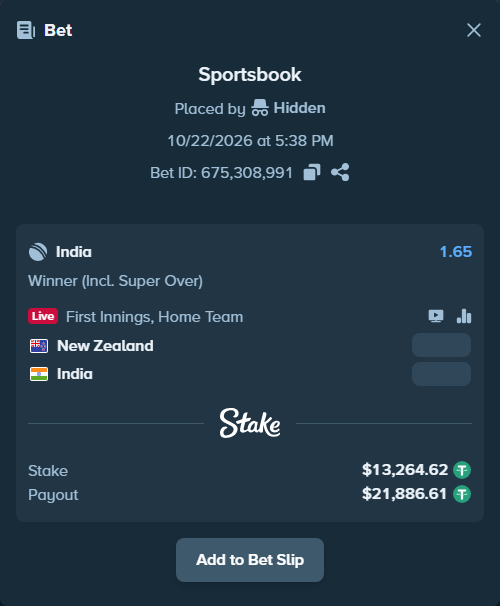 Bet slip: New Zealand - India, $13,277.88 stake at 1.65 odds, placed by Hidden