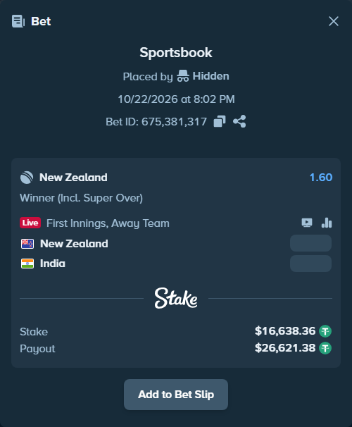 Bet slip: New Zealand - India, $16,655.00 stake at 1.60 odds, placed by Hidden