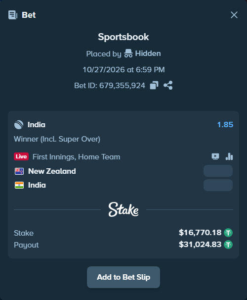 Bet slip: New Zealand - India, $16,786.95 stake at 1.85 odds, placed by Hidden