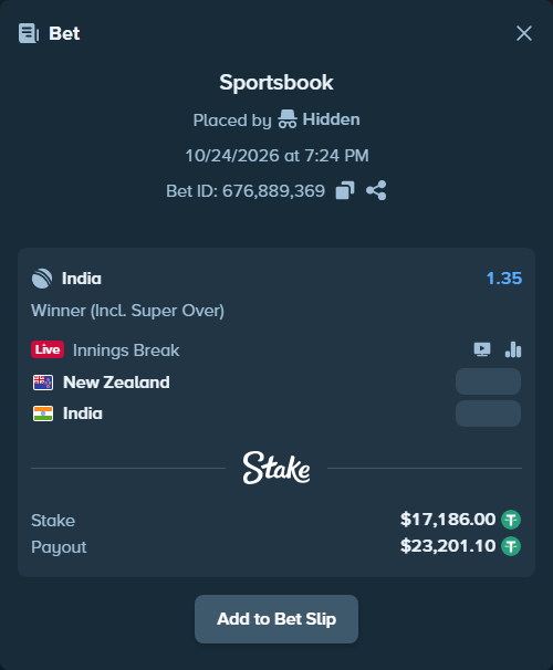 Bet slip: New Zealand - India, $17,203.19 stake at 1.35 odds, placed by Hidden