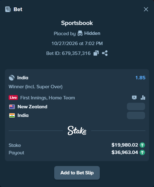 Bet slip: New Zealand - India, $20,000.00 stake at 1.85 odds, placed by Hidden
