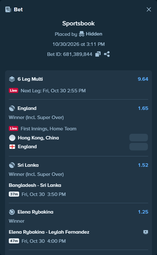 Bet slip: New Zealand - India, $23,467.00 stake at 1.65 odds, placed by Hidden
