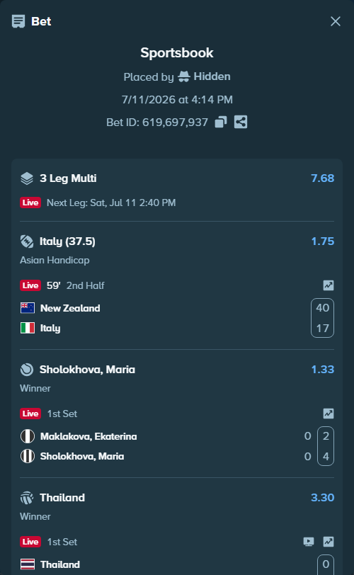 Bet slip: New Zealand - Italy, $10,000.00 stake at 1.75 odds, placed by Hidden