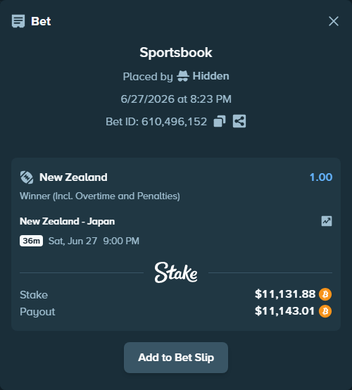 Bet slip: New Zealand - Japan, $11,372.40 stake at 1.00 odds, placed by Hidden