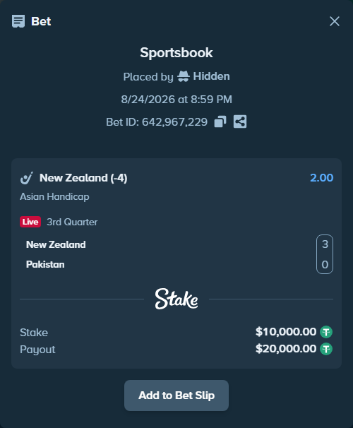 Bet slip: New Zealand - Pakistan, $10,000.00 stake at 2.00 odds, placed by Hidden