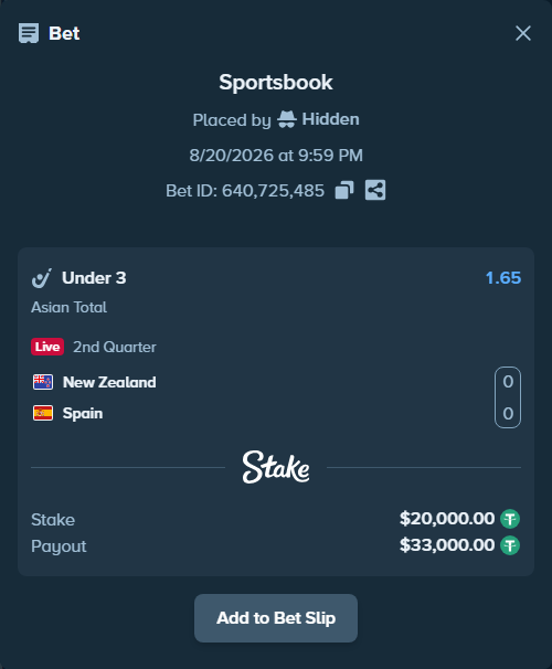 Bet slip: New Zealand - Spain, $20,020.00 stake at 1.65 odds, placed by Hidden