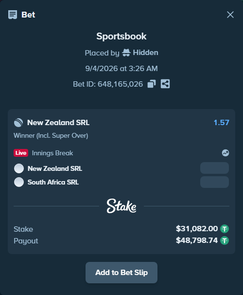 Bet slip: New Zealand SRL - South Africa SRL, $31,082.00 stake at 1.57 odds, placed by Hidden