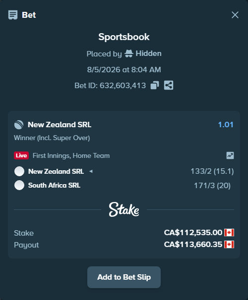 Bet slip: New Zealand SRL - South Africa SRL, $83,275.90 stake at 1.01 odds, placed by Hidden