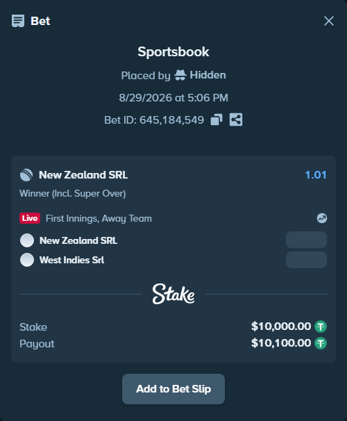 Bet slip: New Zealand SRL - West Indies SRL, $10,000.00 stake at 1.01 odds, placed by Hidden