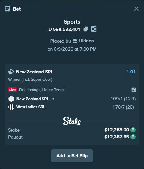Bet slip: New Zealand SRL - West Indies SRL, $12,265.00 stake at 1.01 odds, placed by Hidden