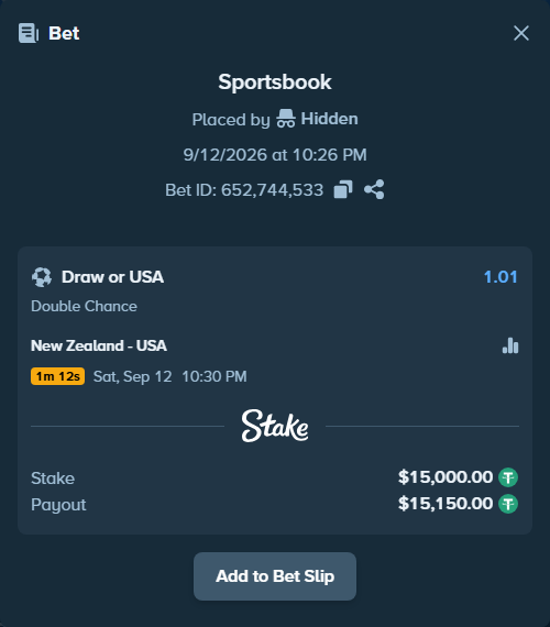 Bet slip: New Zealand - USA, $15,000.00 stake at 1.01 odds, placed by Hidden