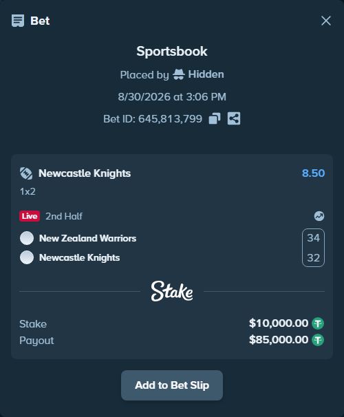 Bet slip: New Zealand Warriors - Newcastle Knights, $10,000.00 stake at 8.50 odds, placed by Hidden