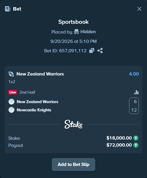 Bet slip: New Zealand Warriors - Newcastle Knights, $18,000.00 stake at 4.00 odds, placed by Hidden