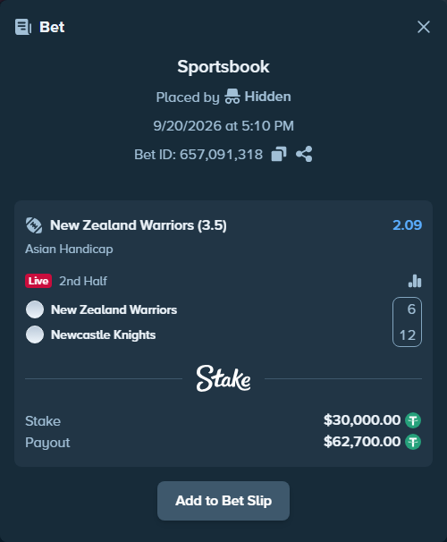Bet slip: New Zealand Warriors - Newcastle Knights, $30,000.00 stake at 2.09 odds, placed by Hidden