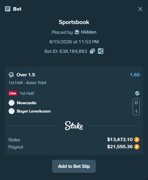Bet slip: Newcastle - Bayer Leverkusen, $13,487.01 stake at 1.60 odds, placed by Hidden