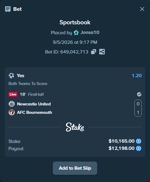 Bet slip: Newcastle - Bournemouth, $10,165.00 stake at 1.20 odds, placed by Jonsa10