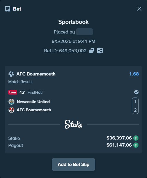 Bet slip: Newcastle - Bournemouth, $36,393.42 stake at 1.68 odds, placed by partizanti22